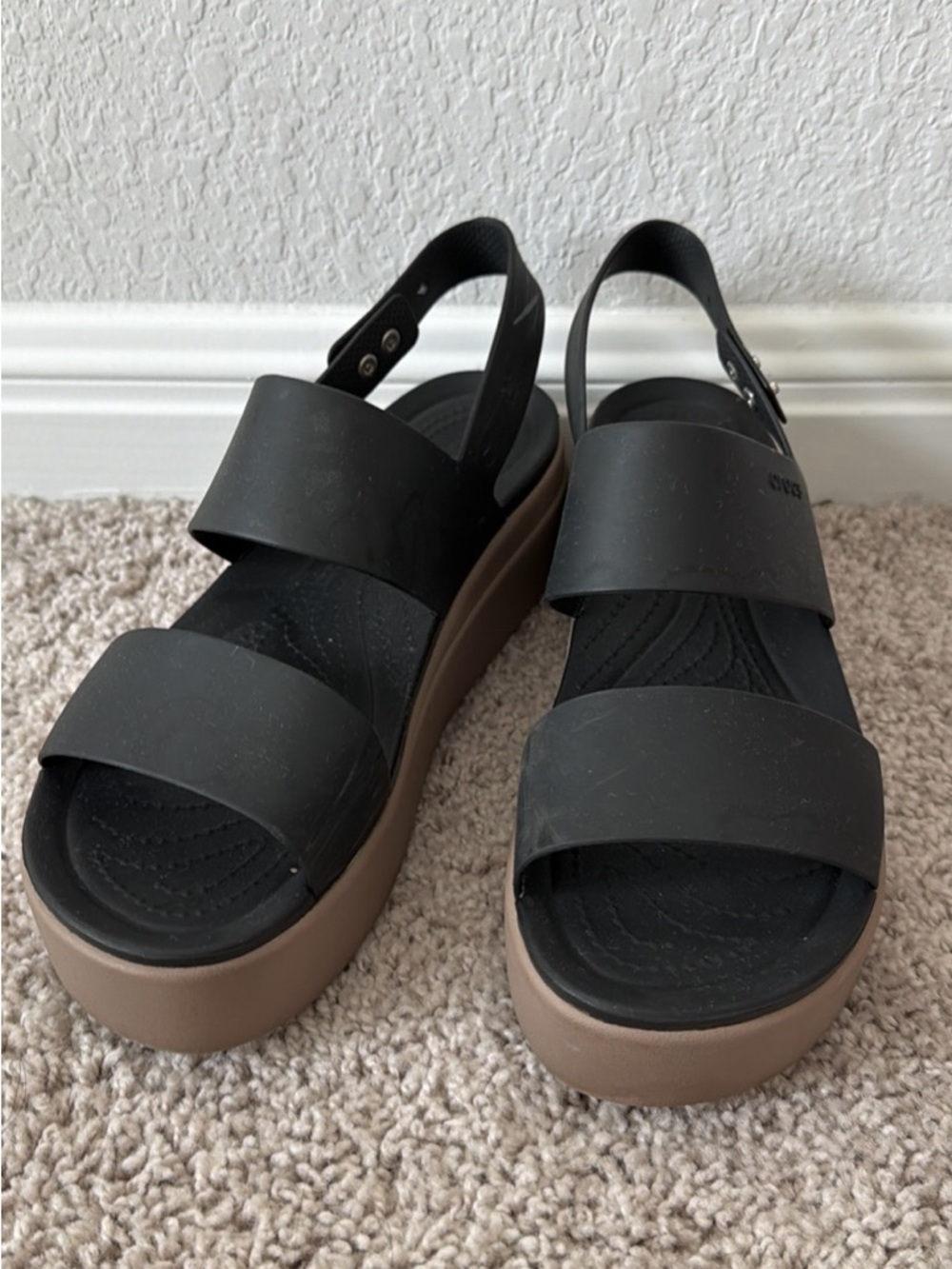 CROCS Black Platform Sandals with Tan Sole